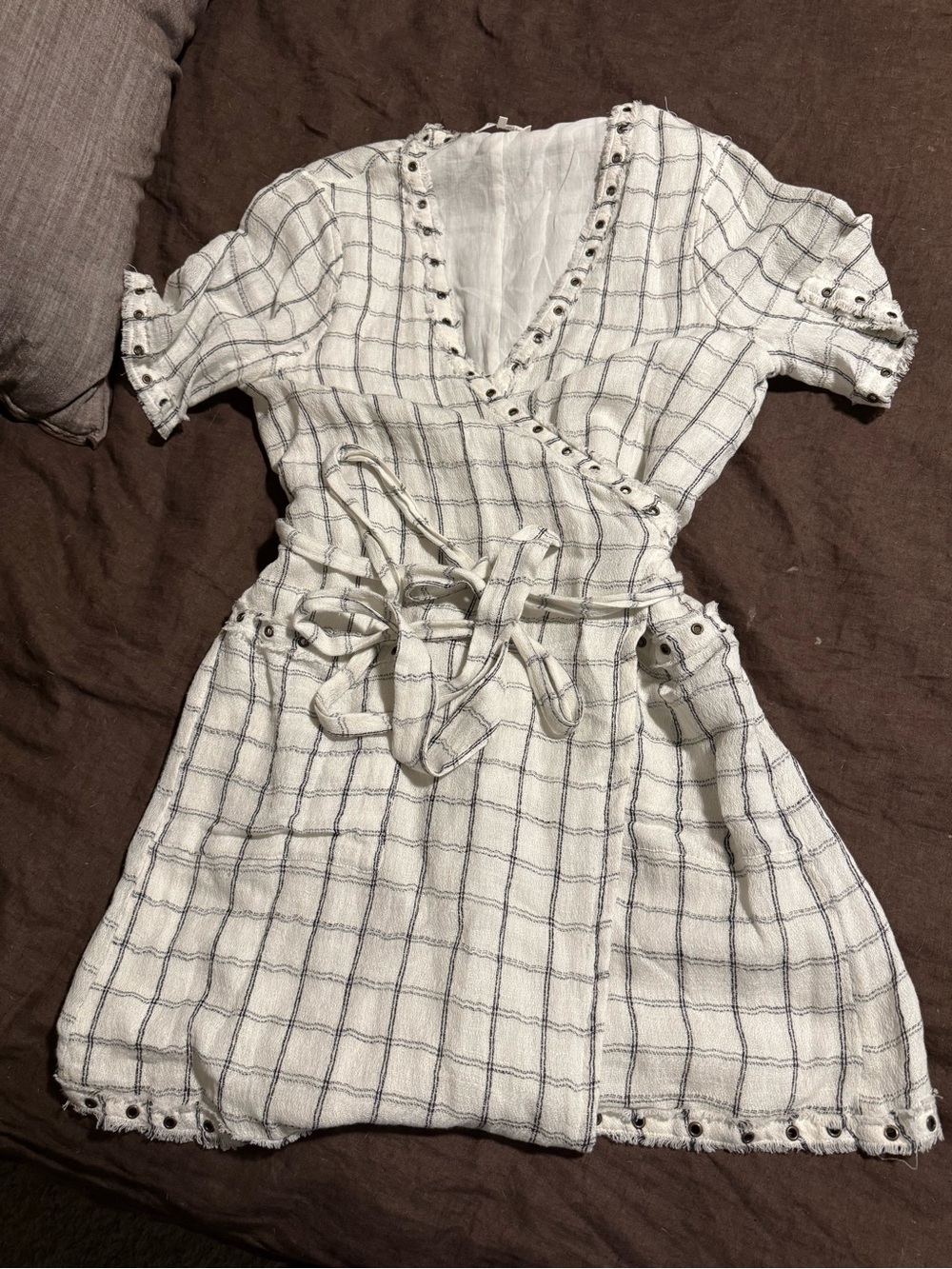 Tularosa White Plaid Wrap Mini Dress with Eyelet Trim